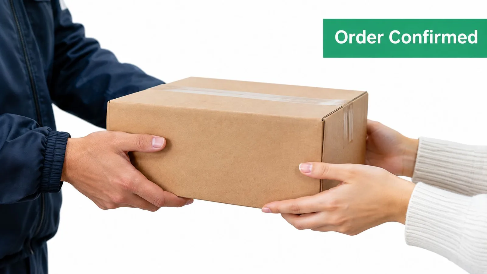 A delivery worker in a blue uniform handing a cardboard package to a customer holding it.