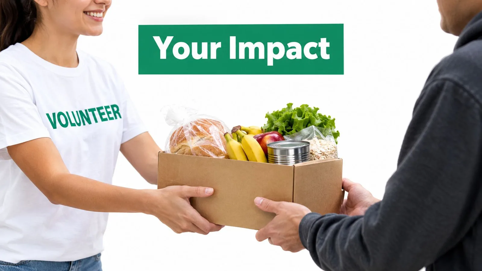 A smiling volunteer handing a cardboard box filled with fresh groceries to a person in need.