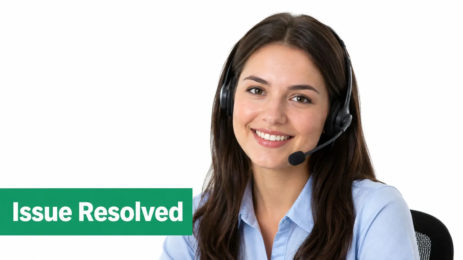 A friendly customer service representative wearing a headset and smiling, accompanied by a green Issue Resolved banner.