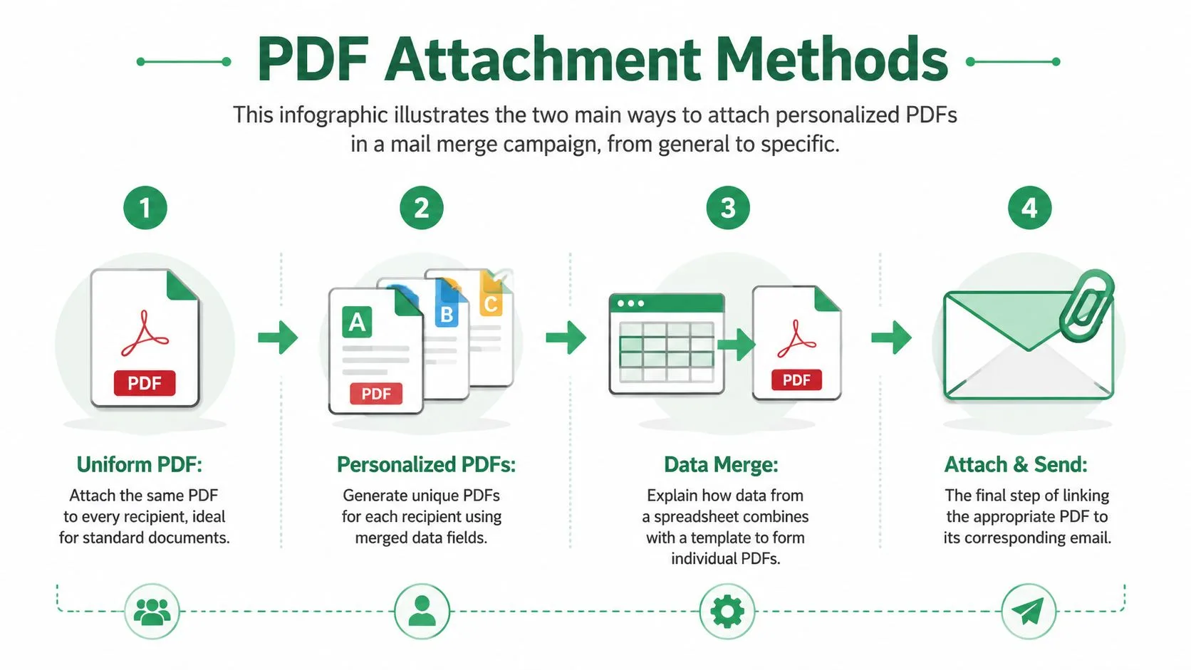 An infographic illustrating the steps for attaching personalized or uniform PDF documents in a mail merge campaign.