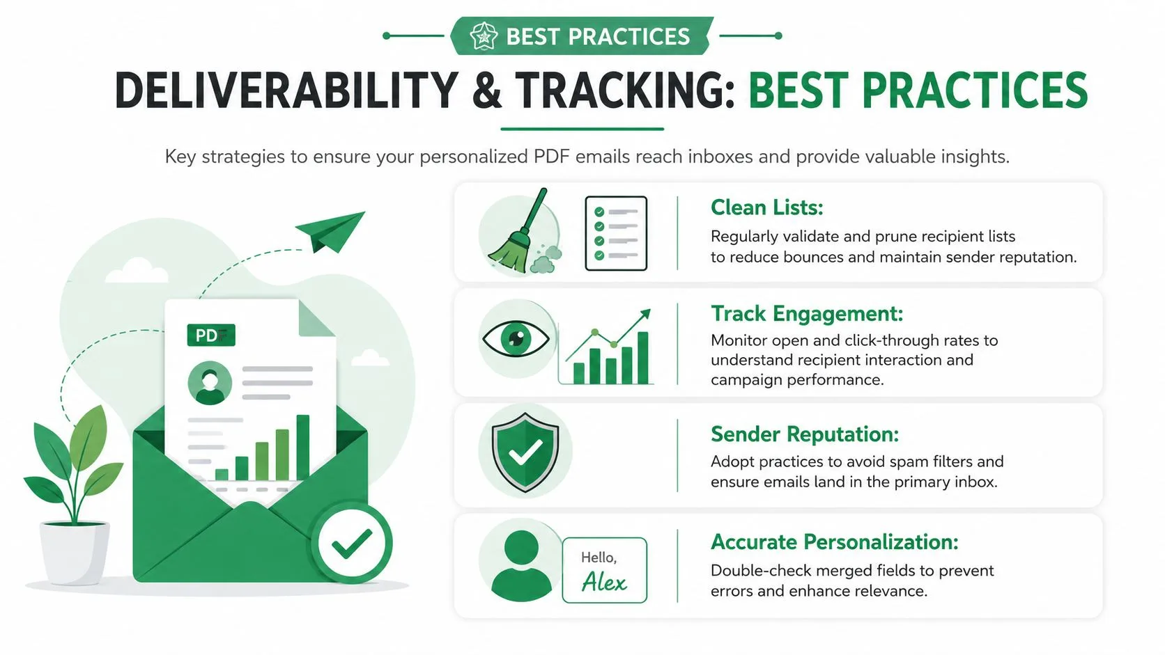 An infographic showing best practices for email deliverability and tracking of personalized PDF marketing campaigns.