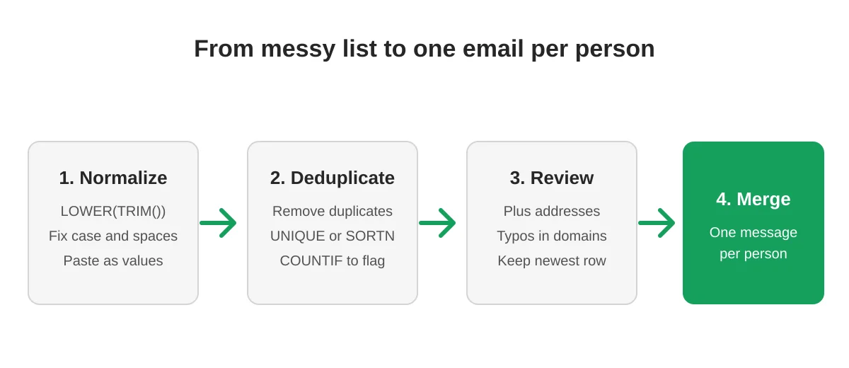 Illustration of a messy Google Sheets list being normalized, deduplicated and merged into one email per person