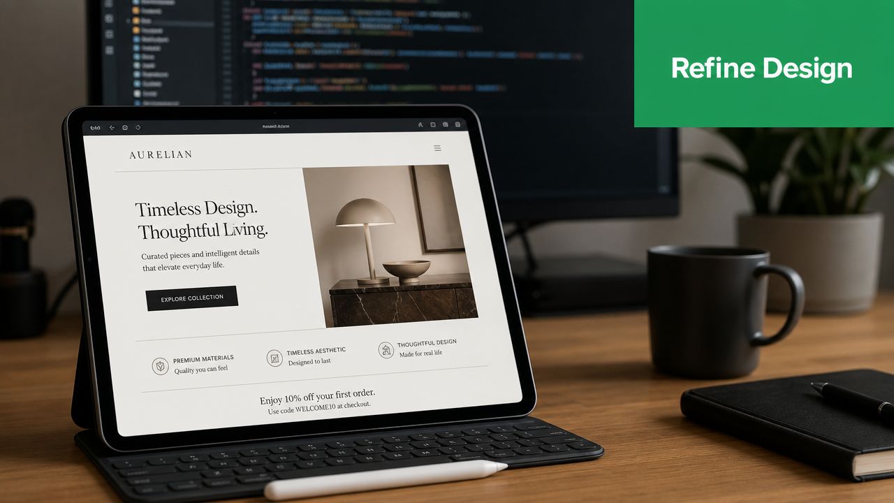 An iPad displaying a minimalist e-commerce website on a wooden desk with a computer and coffee.