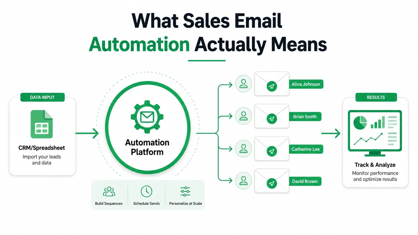 A diagram illustrating the workflow of sales email automation from data input to results and analysis.