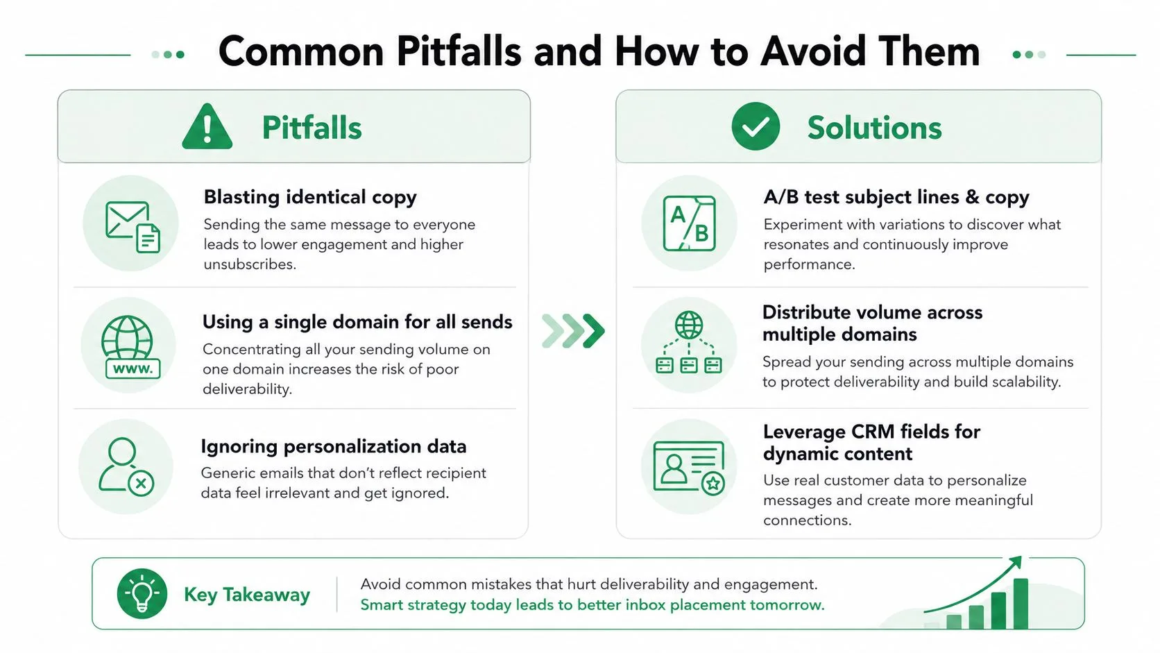An infographic showing three common email marketing pitfalls and their corresponding professional solutions for improved deliverability.