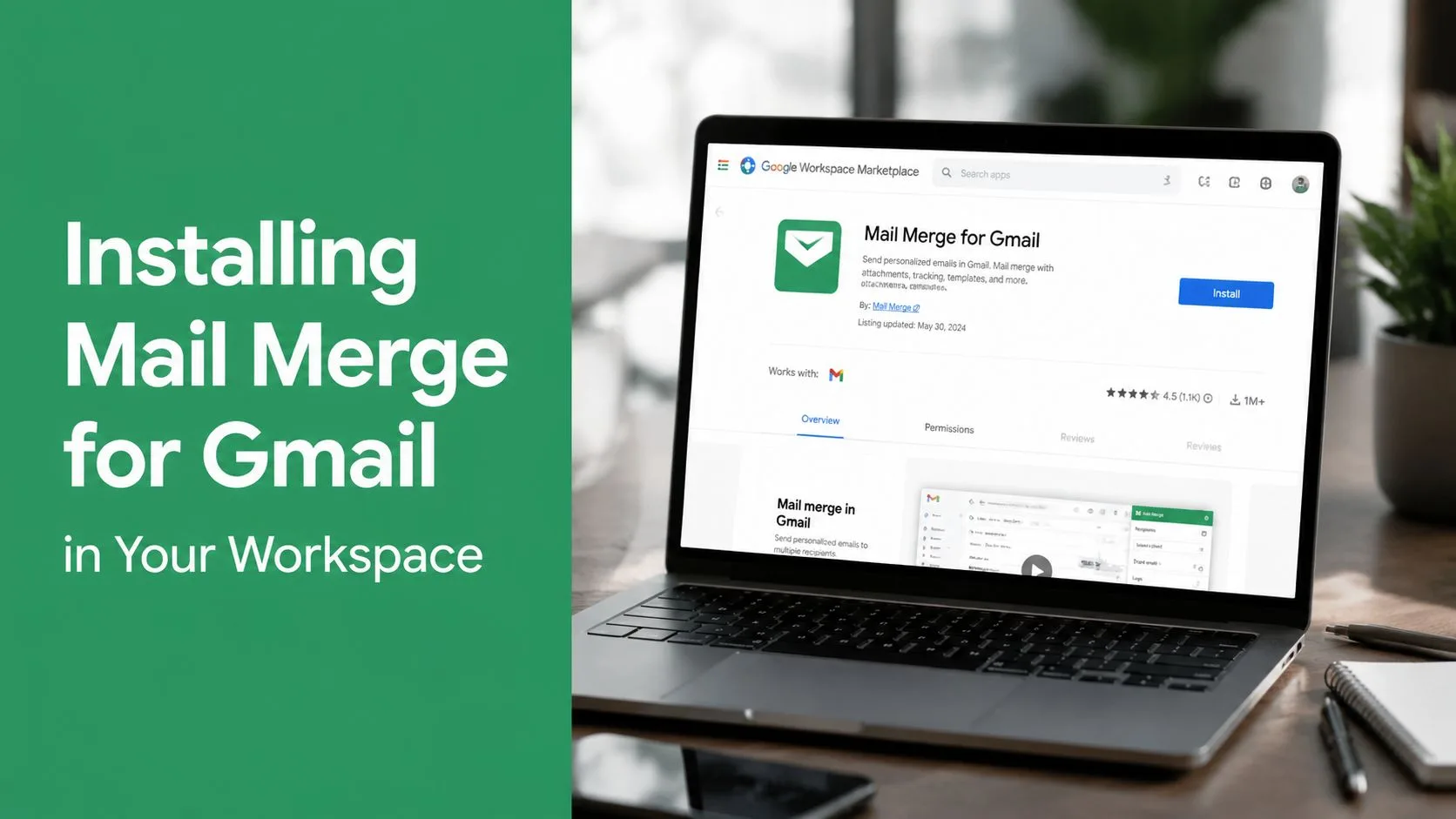 Mail Merge for Gmail拡張機能のインストール用Google Workspace Marketplaceページが表示されたノートパソコンの画面。