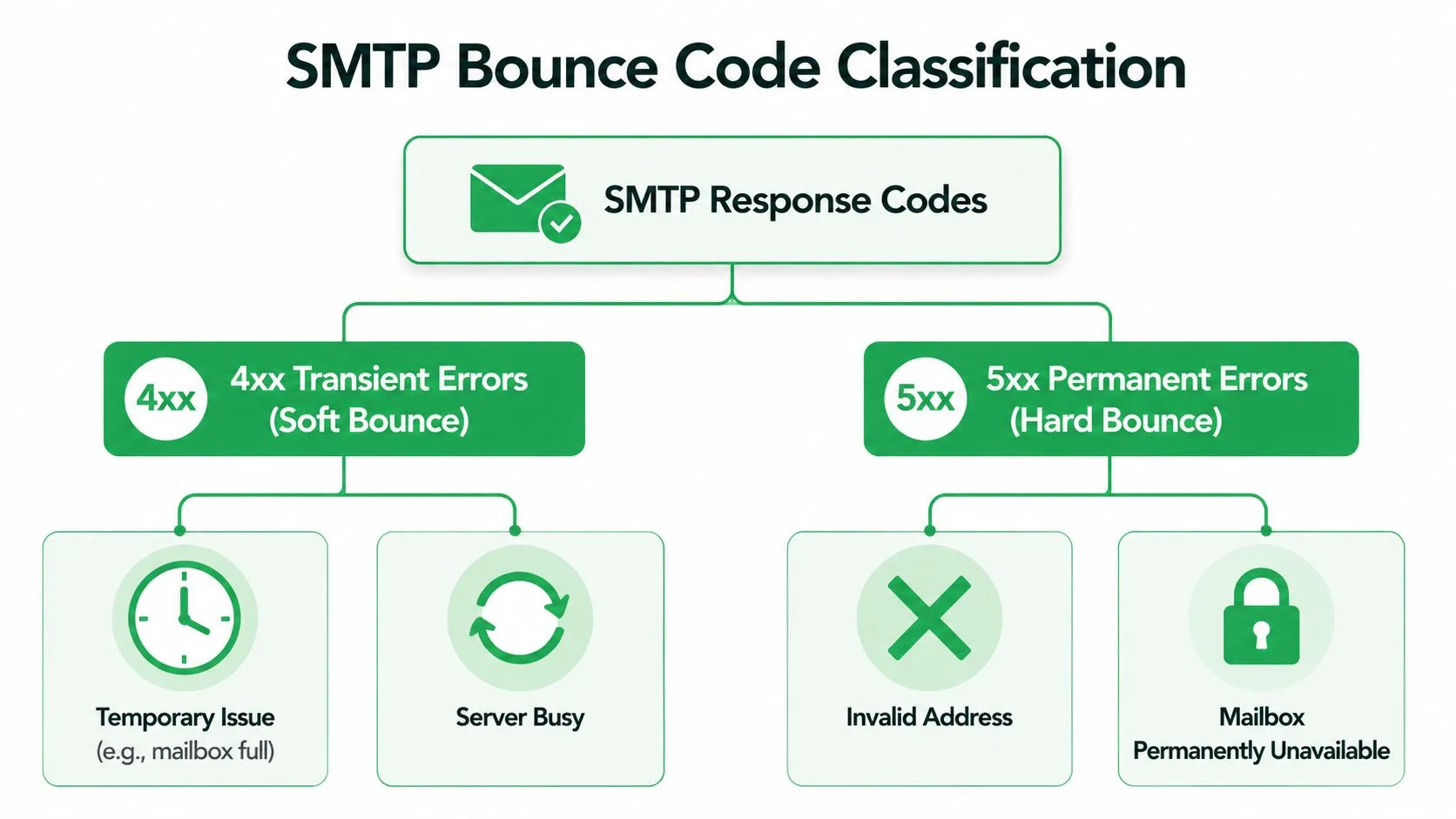 A diagram illustrating the difference between SMTP transient soft bounce 4xx and permanent hard bounce 5xx email errors.