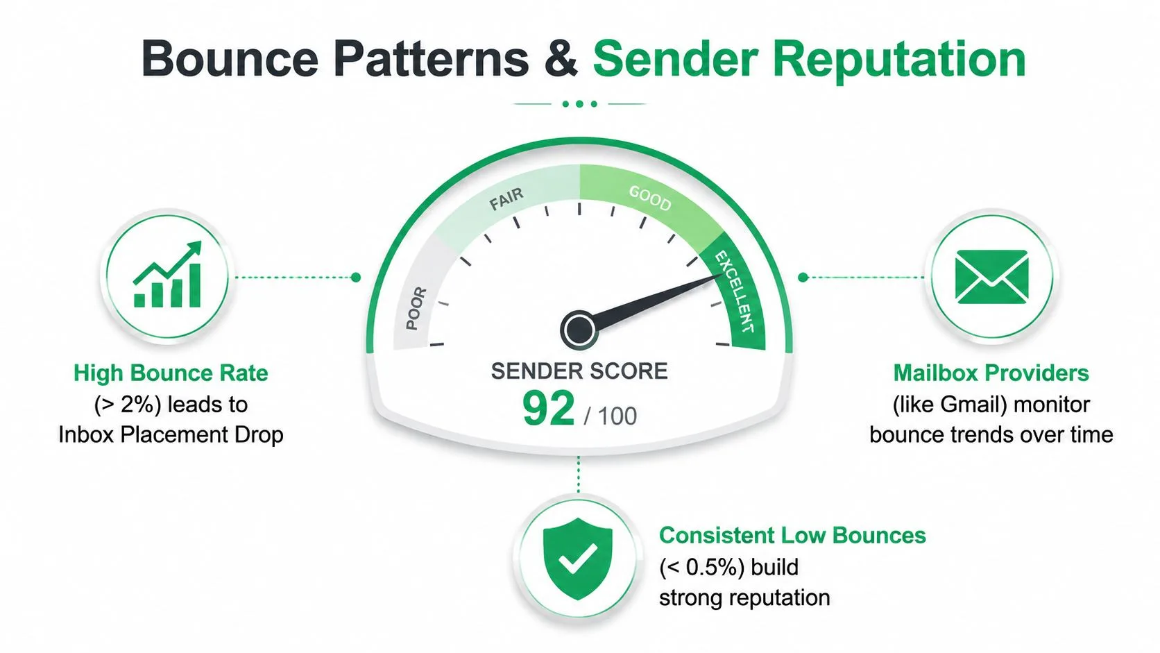 A sender score infographic showing a 92 out of 100 rating with advice on managing email bounce rates.