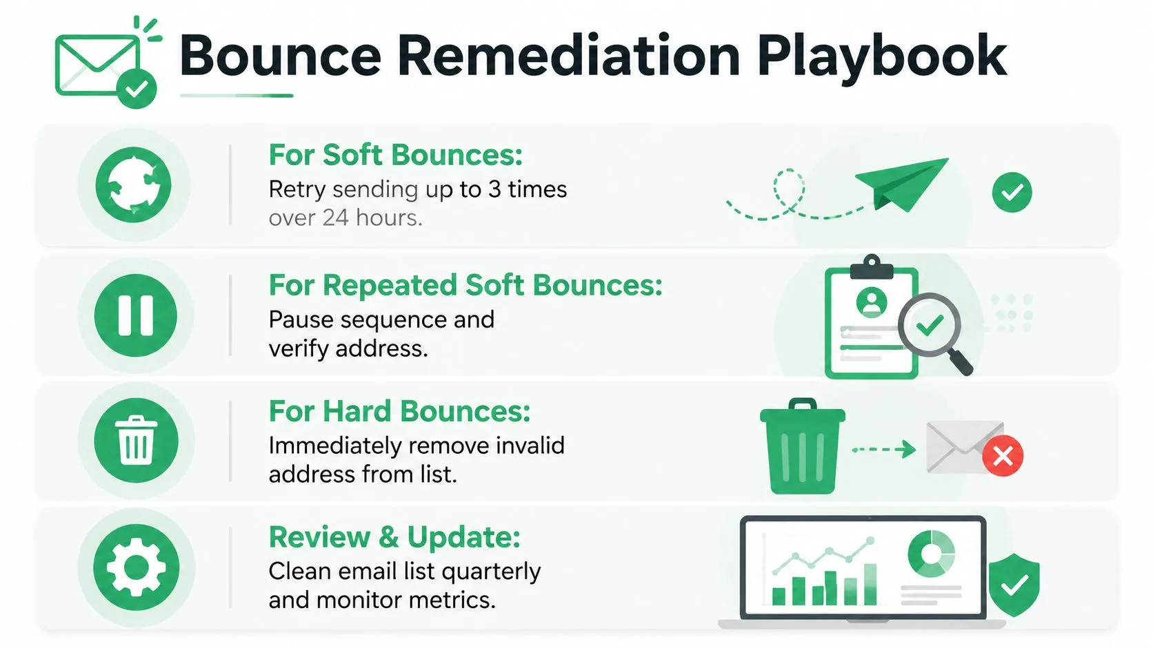 An infographic titled Bounce Remediation Playbook offering email marketing strategies for managing soft and hard bounces.