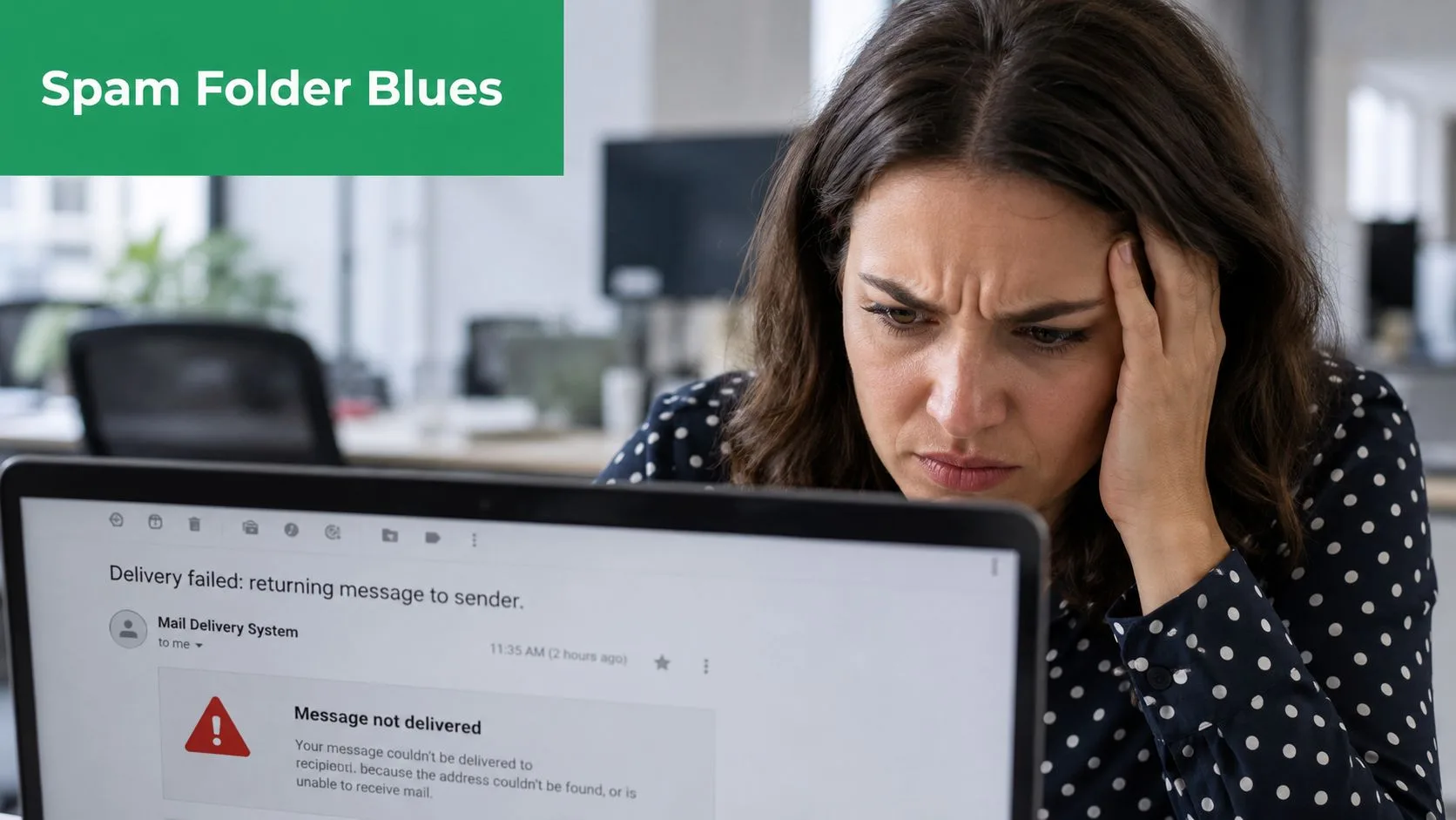A frustrated woman looking at a computer screen showing a message delivery failure notification.