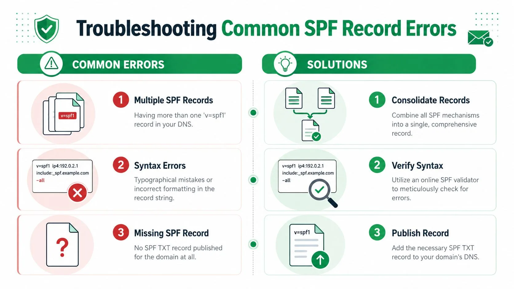 An infographic detailing common SPF record errors and their respective solutions for email authentication configuration.