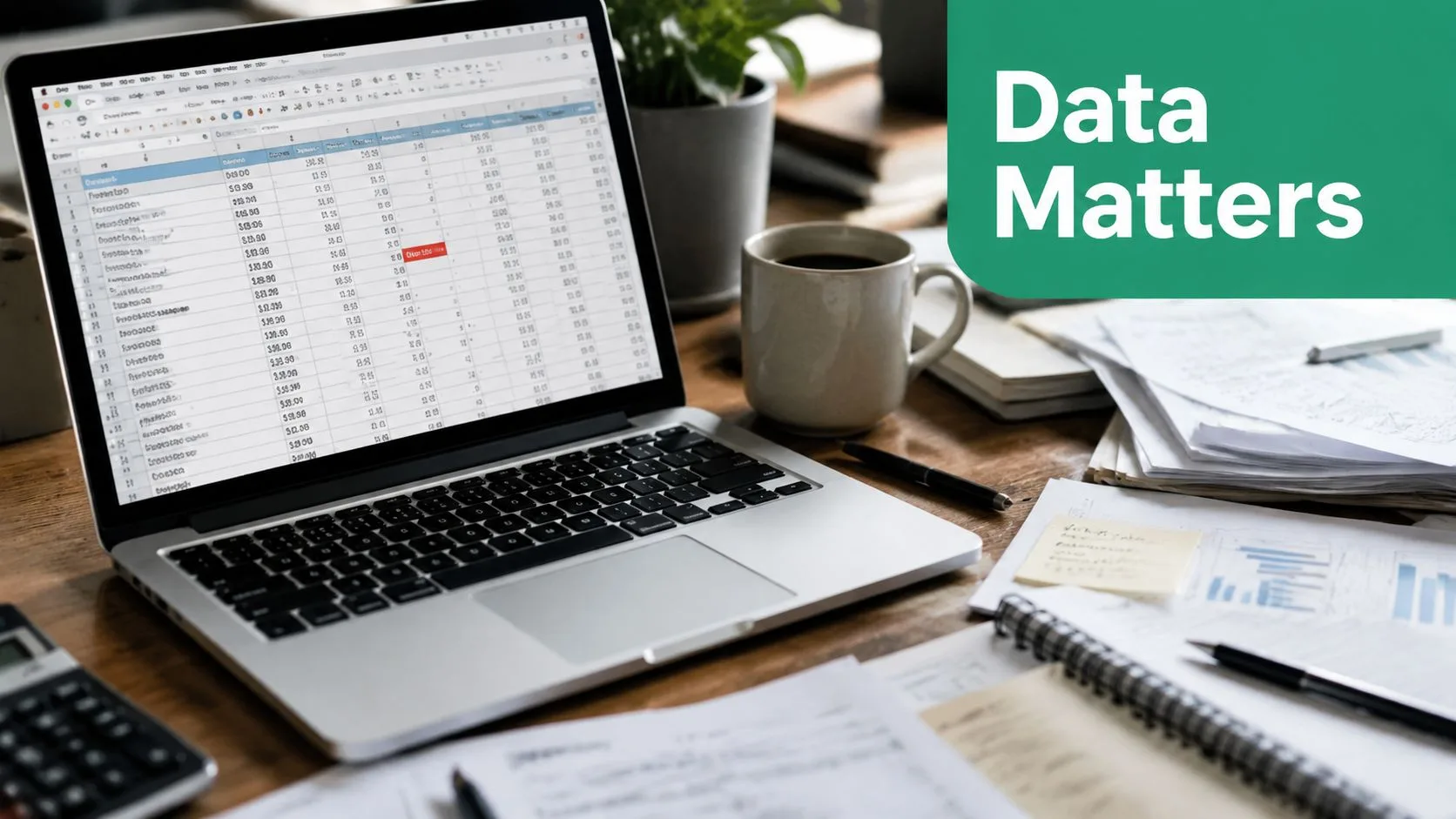 A laptop displaying a complex spreadsheet on a wooden desk with a coffee mug and papers.