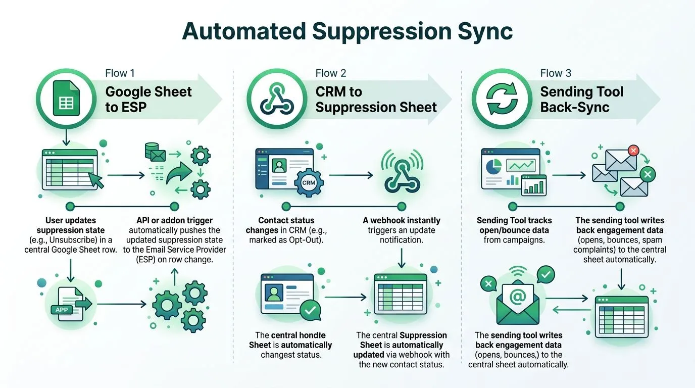 Google SheetsとCRMを使用してメールマーケティングプラットフォームの配信停止同期を自動化するプロセスを示す図。