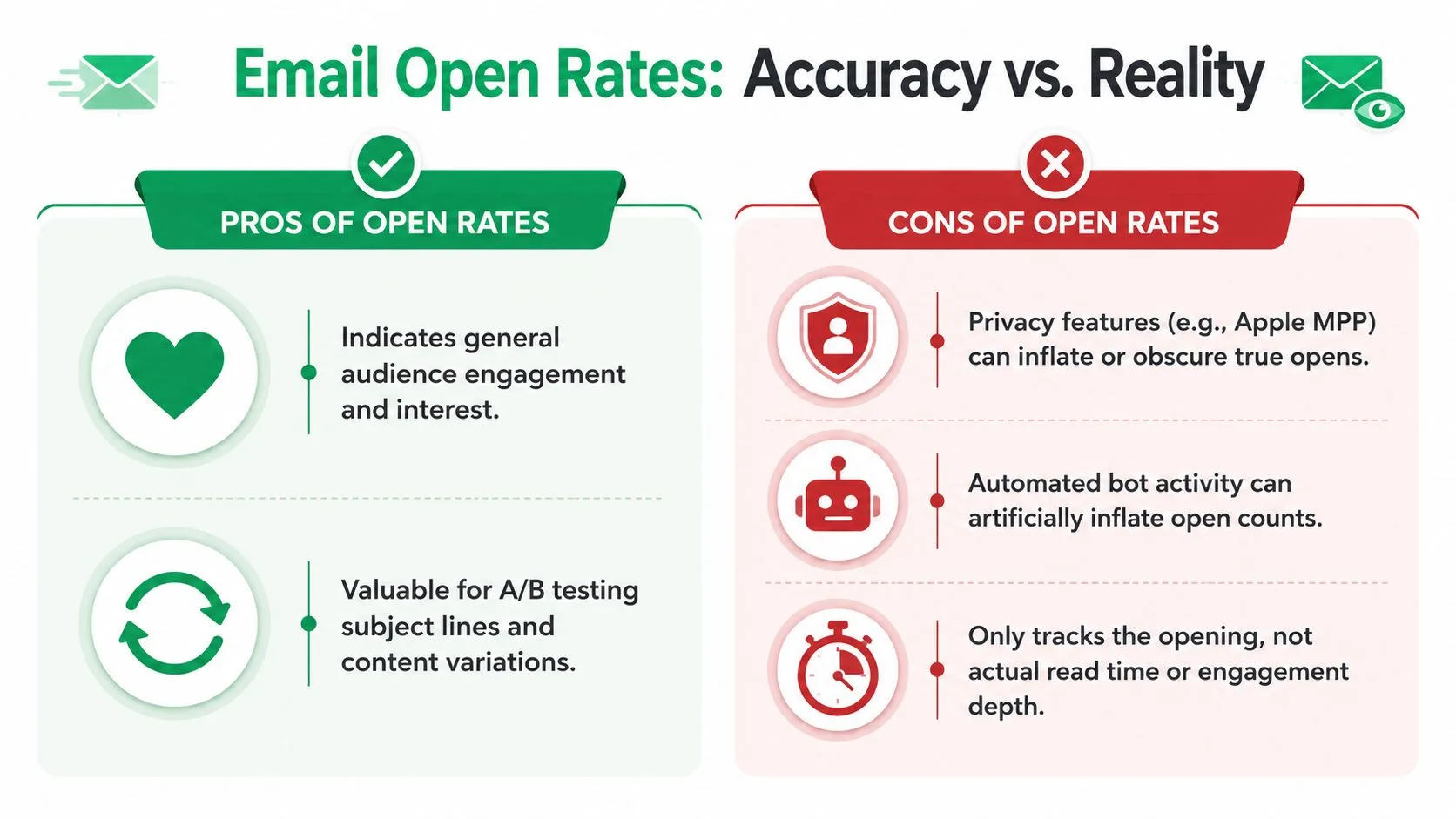 Un'infografica che confronta i pro e i contro della misurazione dei tassi di apertura delle email per l'analisi di marketing.
