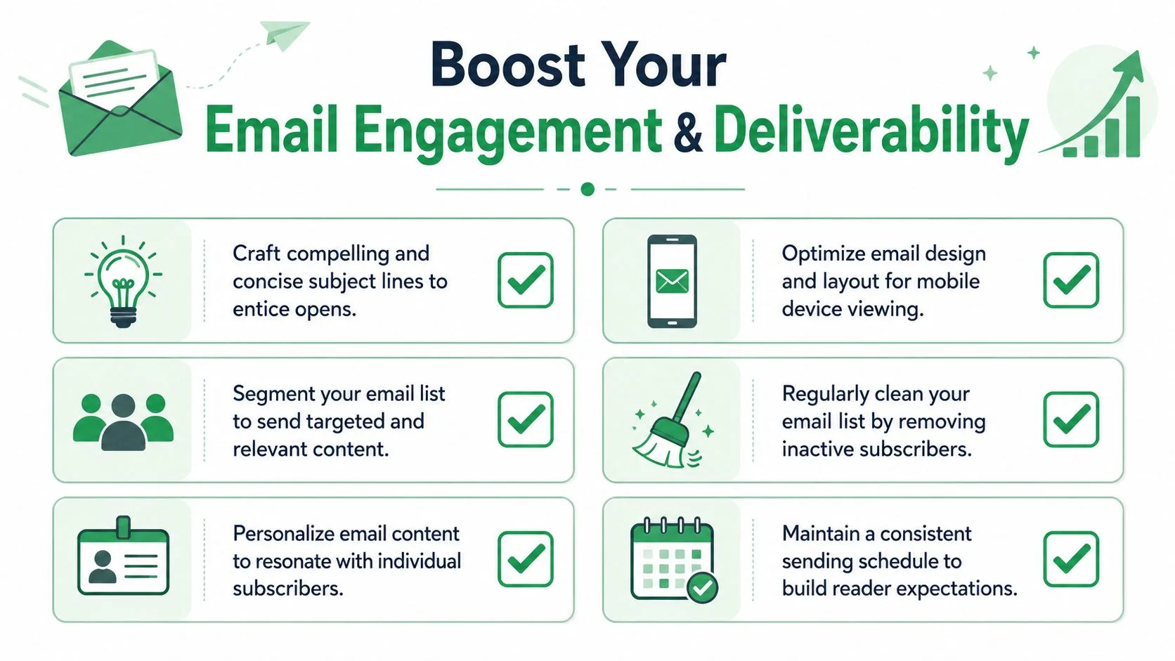 Un'infografica intitolata Boost Your Email Engagement & Deliverability con sei consigli azionabili per campagne di email marketing di successo.