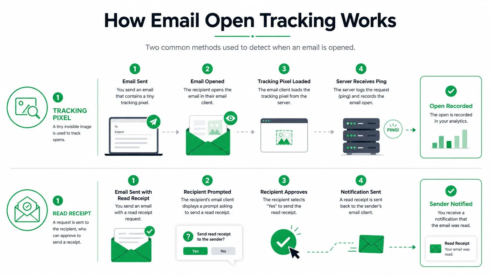 A diagram illustrating two common methods for tracking email opens: tracking pixels and read receipt requests.