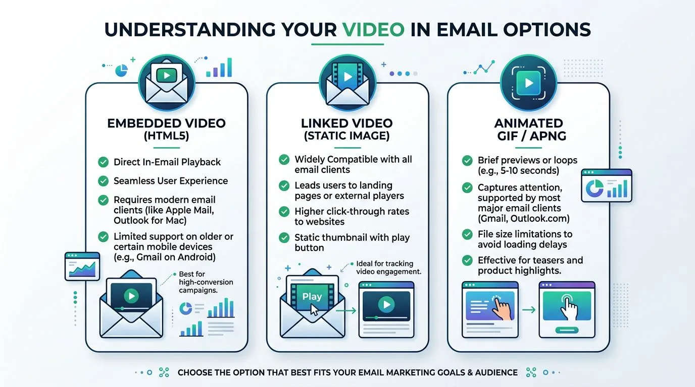 Eine Infografik, die drei gängige Methoden zur Integration von Videoinhalten in E-Mail-Marketingkampagnen zeigt.