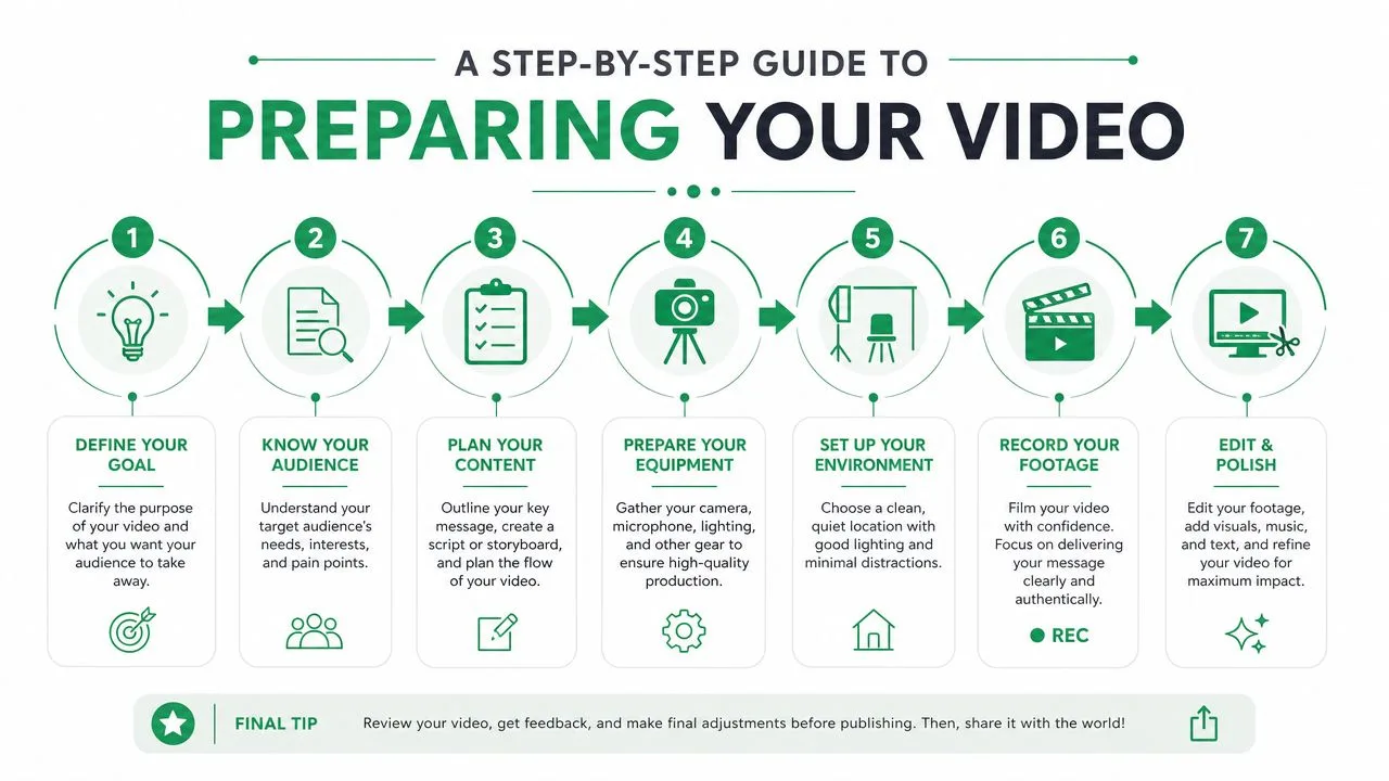 Eine siebenstufige Infografik-Anleitung, die den Prozess der Vorbereitung und Produktion eines professionellen Videos für das Marketing detailliert beschreibt.