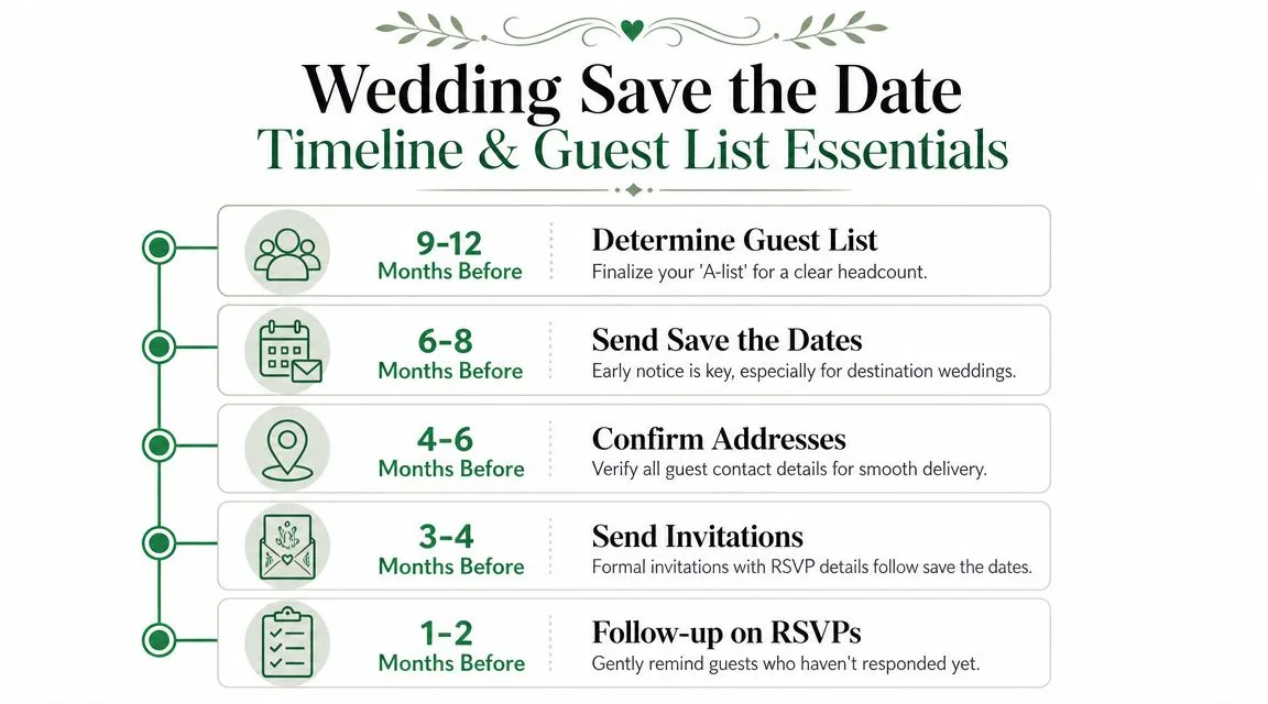 Un'infografica sulla pianificazione del matrimonio che mostra i passaggi per le liste degli invitati, i save the date e gli inviti.