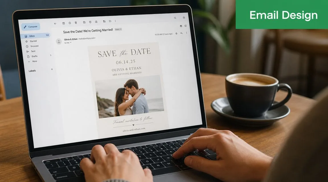 Una persona che scrive su un laptop che mostra un'email di save the date per un matrimonio su una scrivania di legno.