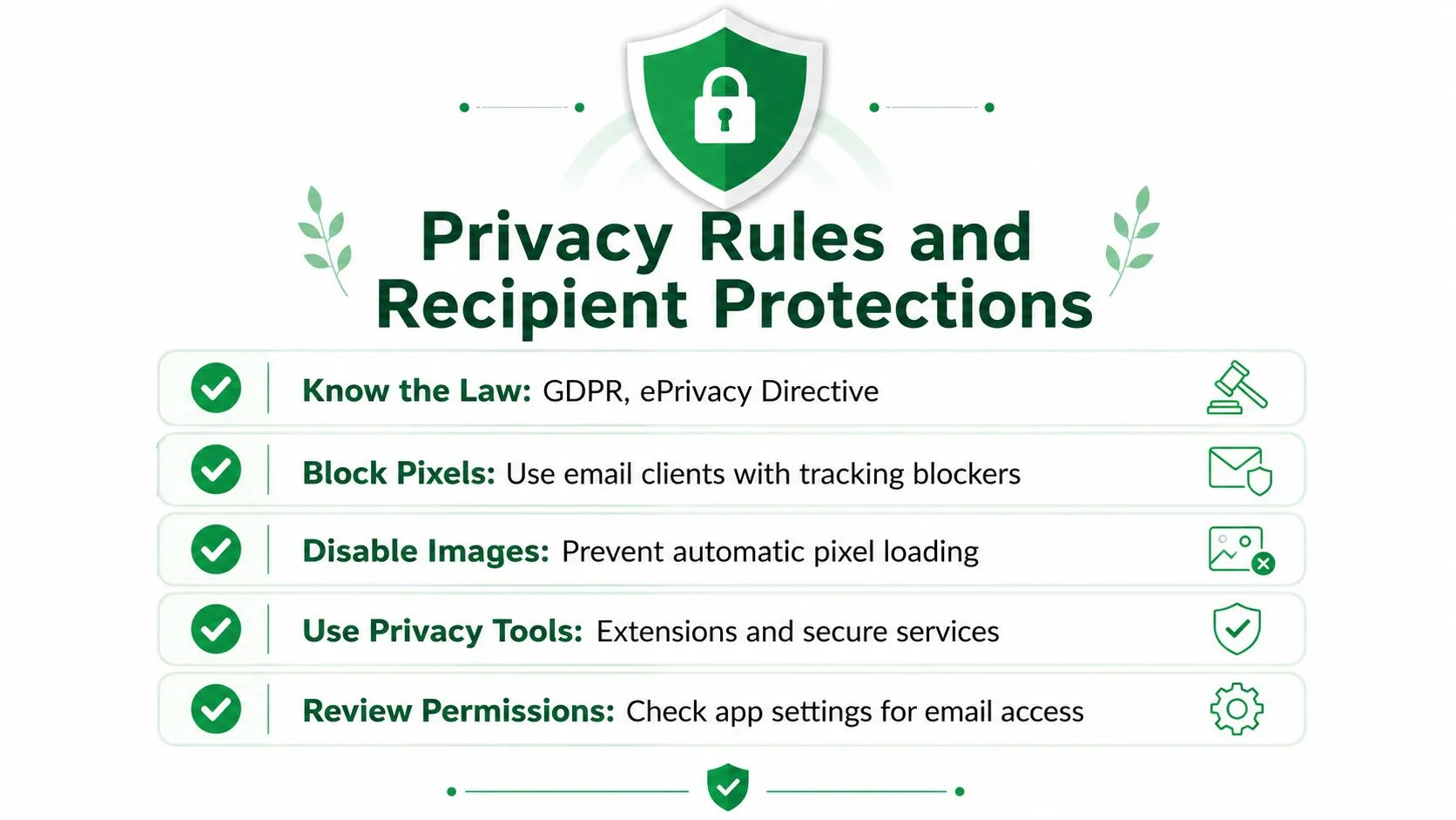 An infographic titled Privacy Rules and Recipient Protections listing five tips to secure personal email privacy.