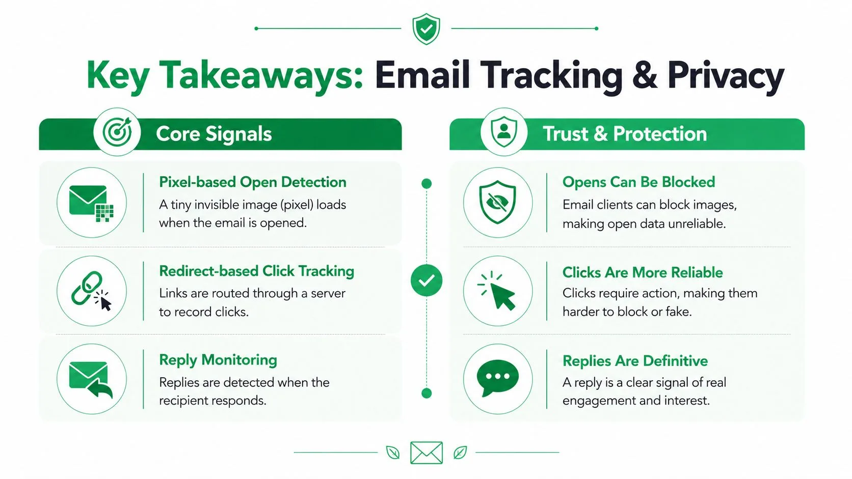 A visual infographic explaining core email tracking signals and trust protection methods regarding email engagement metrics.